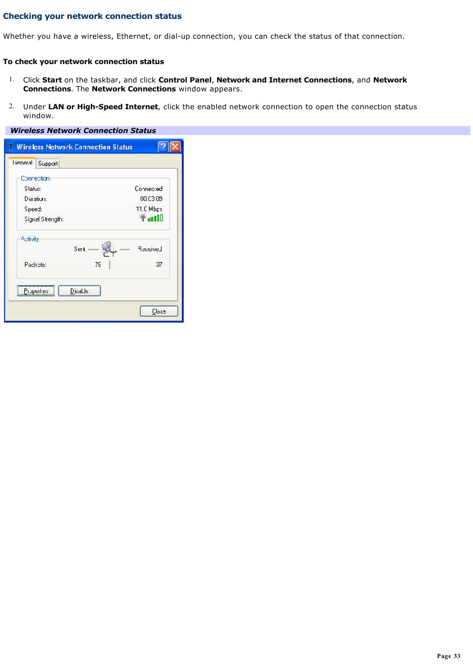Checking your network connection status | Sony PCG-TR1A User Manual | Page 33 / 196