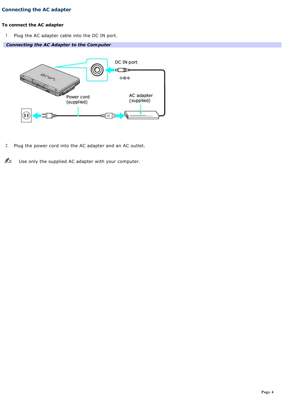 Connecting the ac adapter | Sony PCG-TR1A User Manual | Page 4 / 196