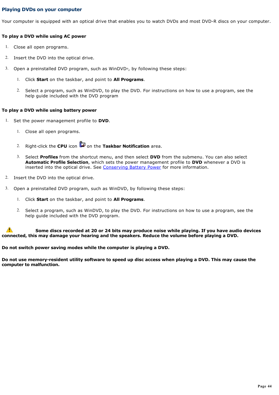 Playing dvds on your computer | Sony PCG-TR1A User Manual | Page 44 / 196