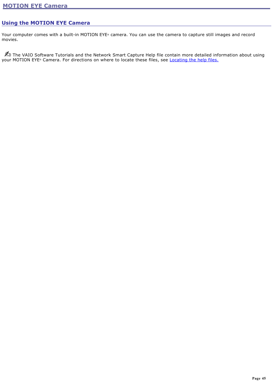 Motion eye camera, Using the motion eye camera | Sony PCG-TR1A User Manual | Page 45 / 196