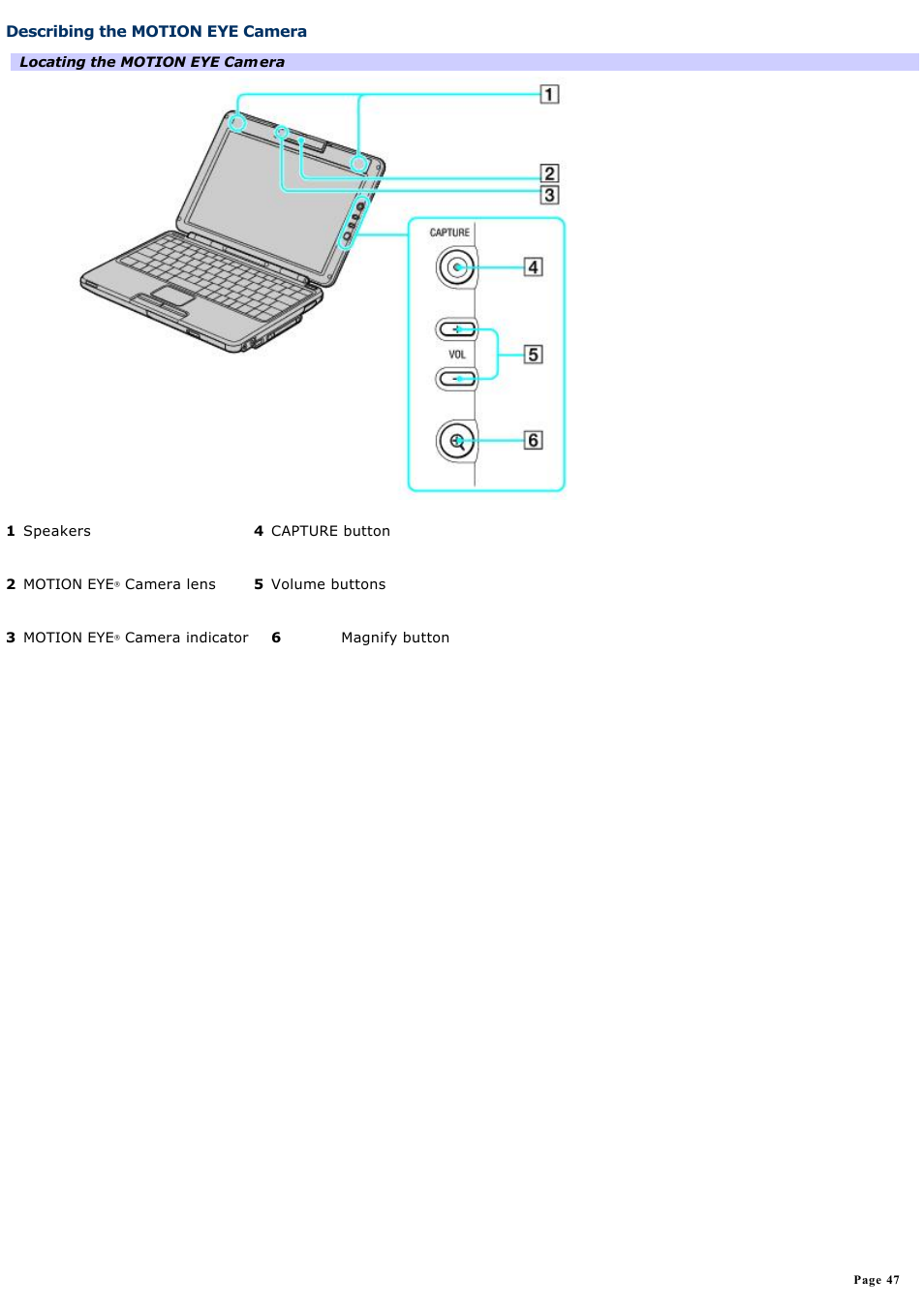 Describing the motion eye camera | Sony PCG-TR1A User Manual | Page 47 / 196