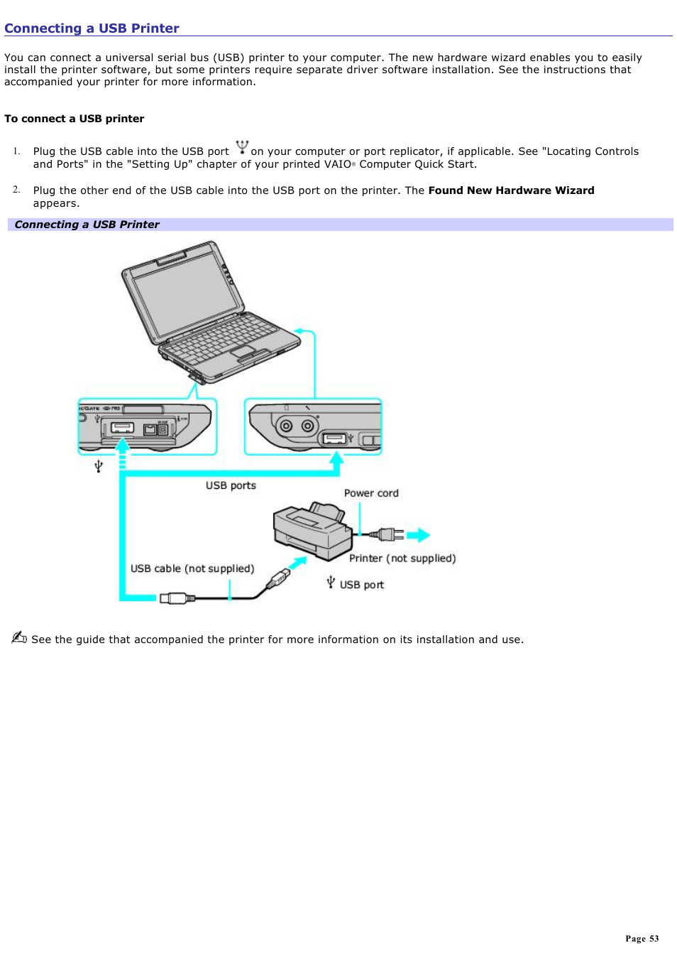 Connecting a usb printer | Sony PCG-TR1A User Manual | Page 53 / 196
