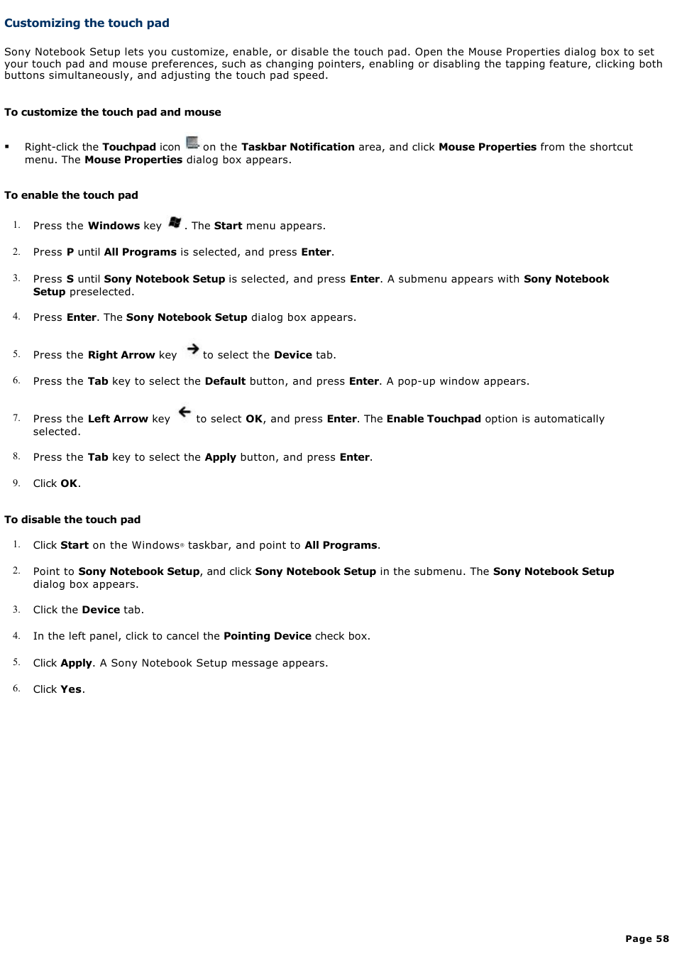 Customizing the touch pad | Sony PCG-TR1A User Manual | Page 58 / 196