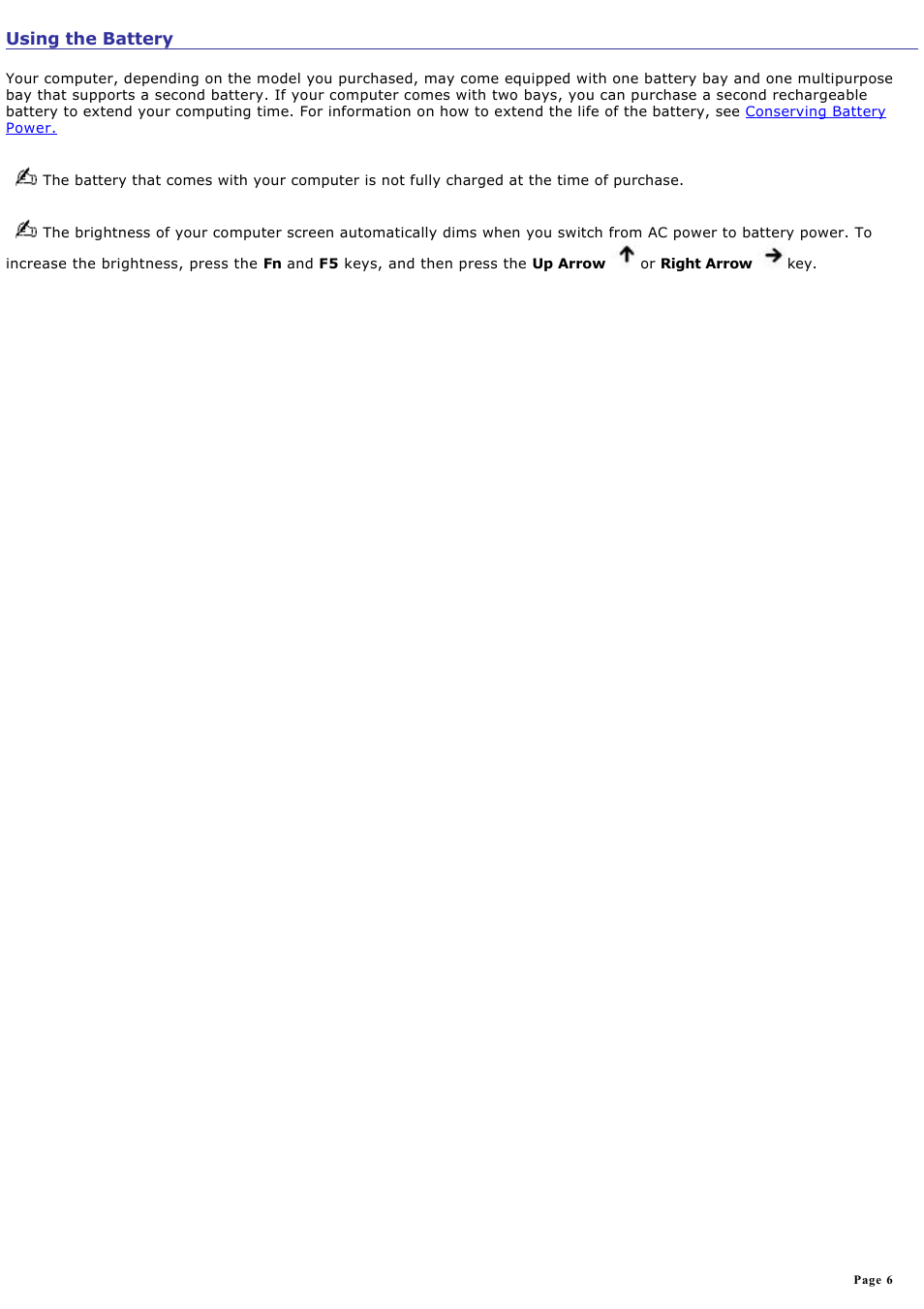 Using the battery | Sony PCG-TR1A User Manual | Page 6 / 196