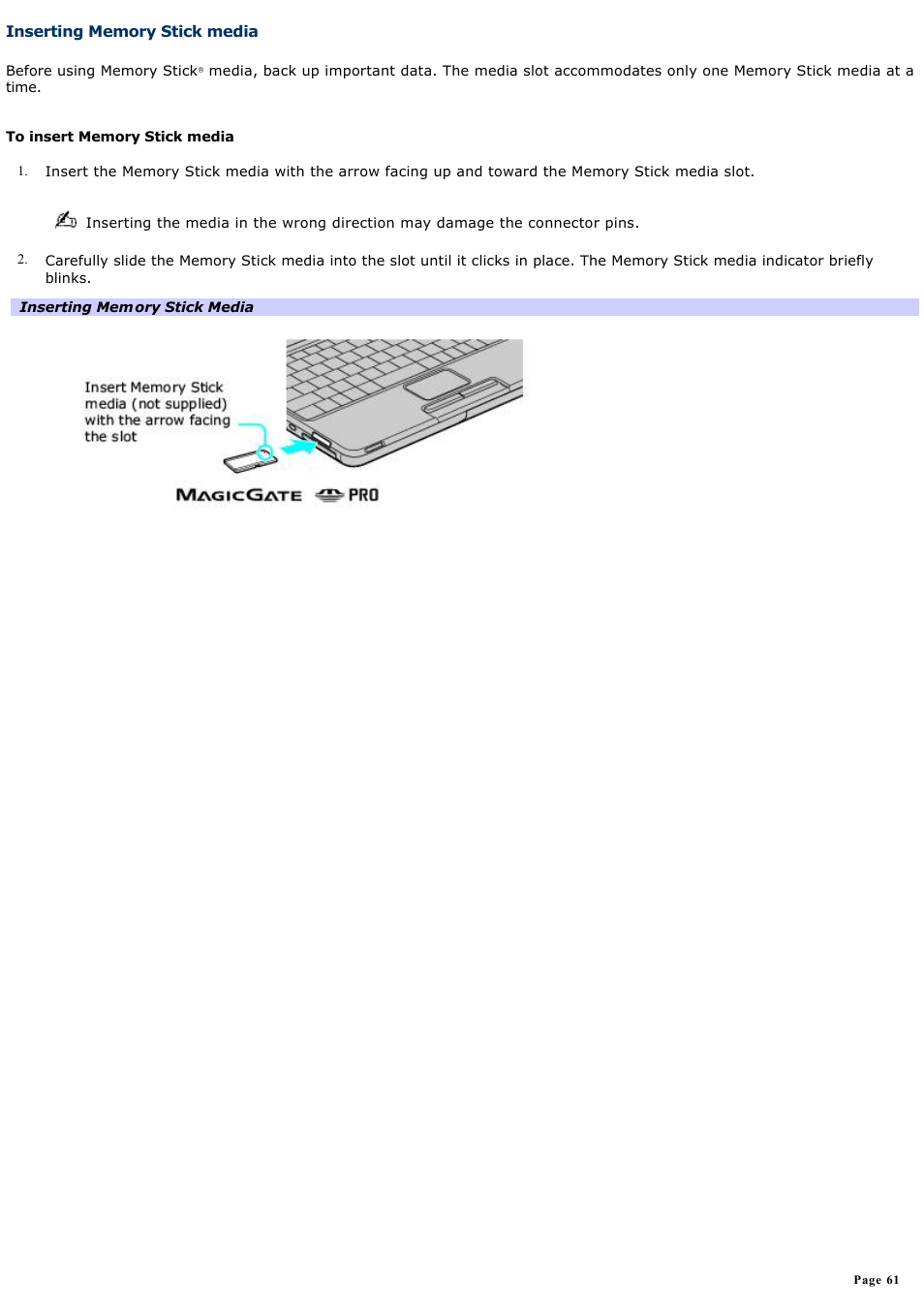 Inserting memory stick media | Sony PCG-TR1A User Manual | Page 61 / 196