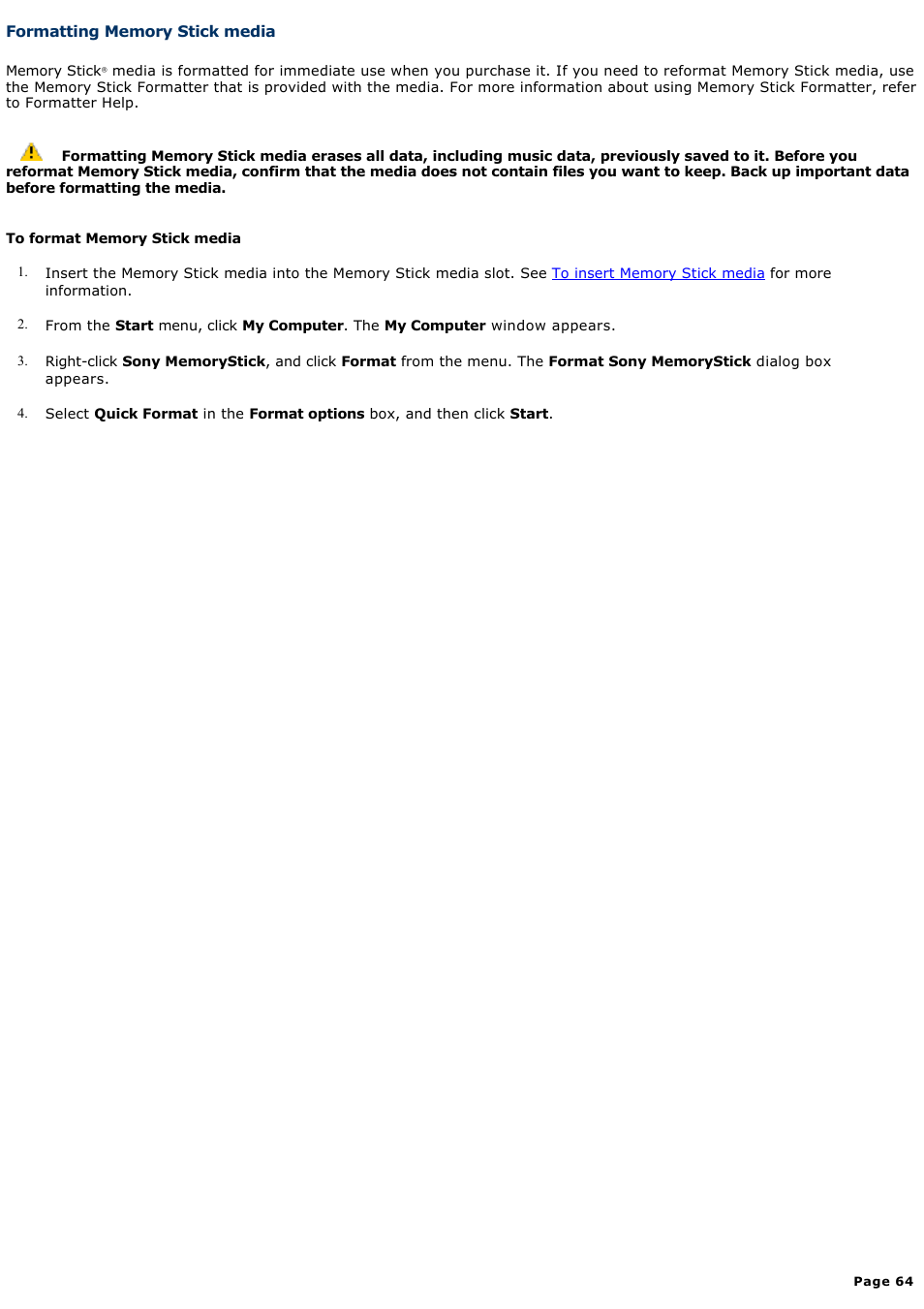 Formatting memory stick media | Sony PCG-TR1A User Manual | Page 64 / 196