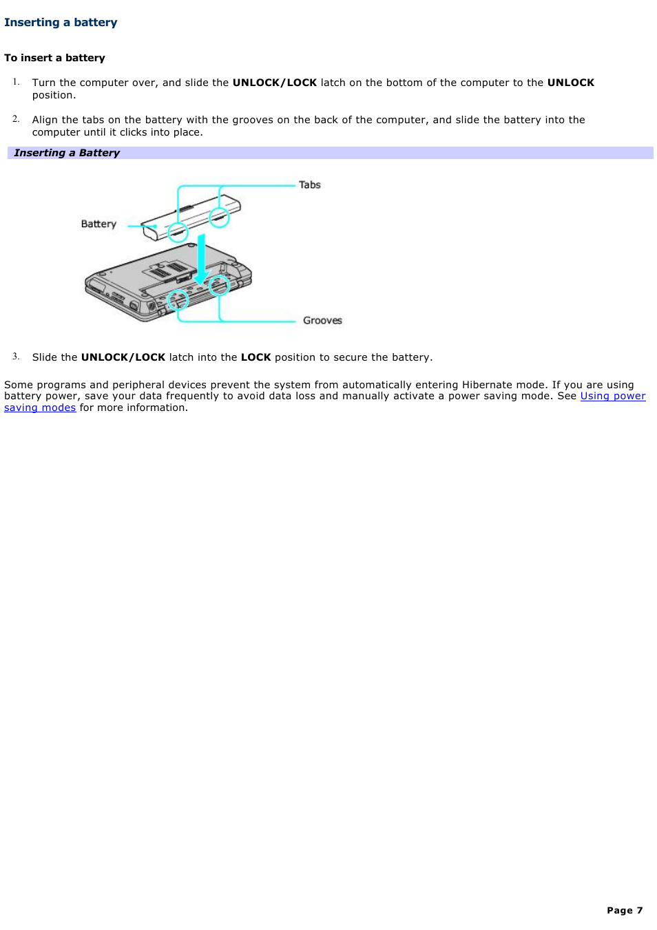 Inserting a battery | Sony PCG-TR1A User Manual | Page 7 / 196