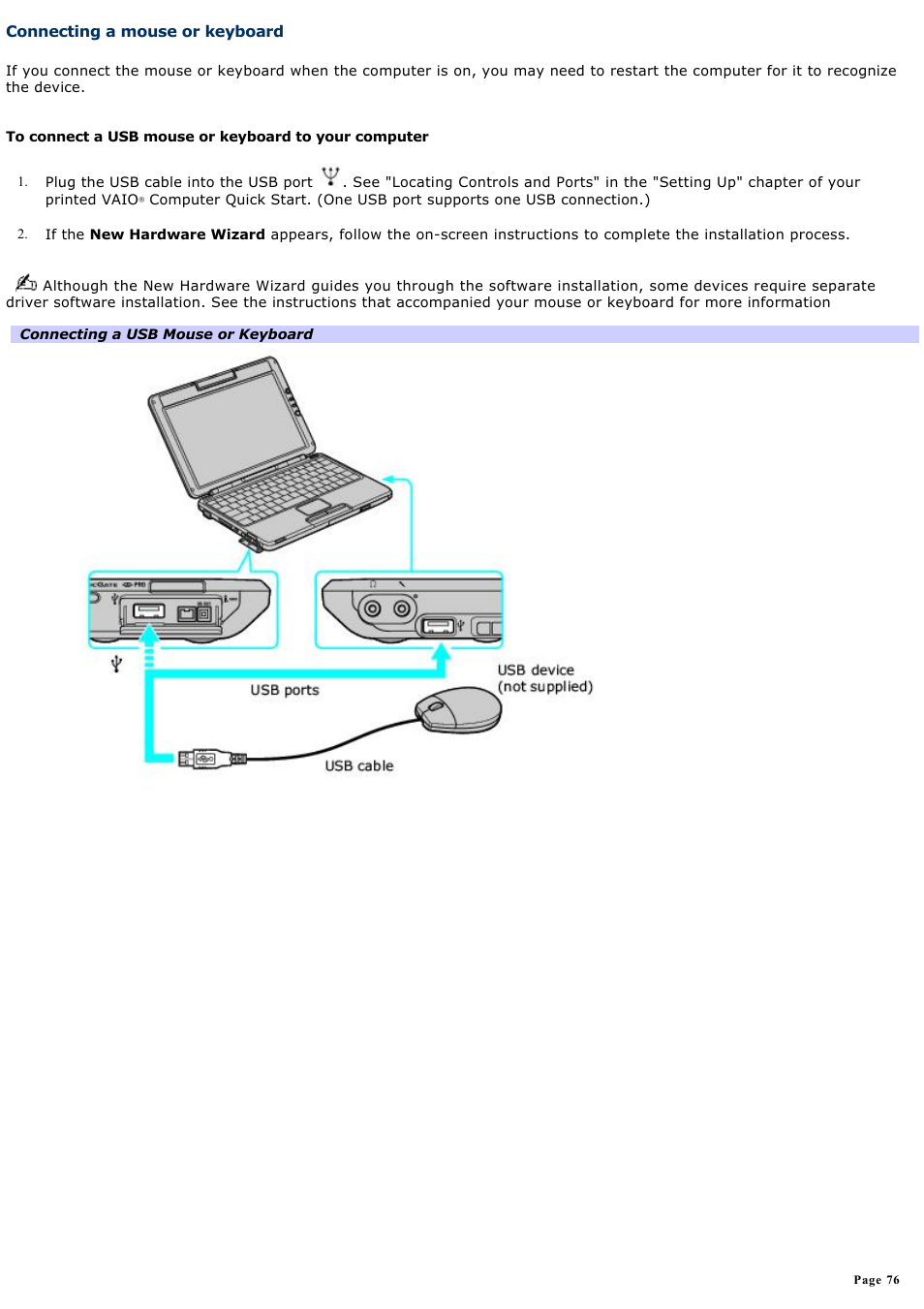 Connecting a mouse or keyboard | Sony PCG-TR1A User Manual | Page 76 / 196