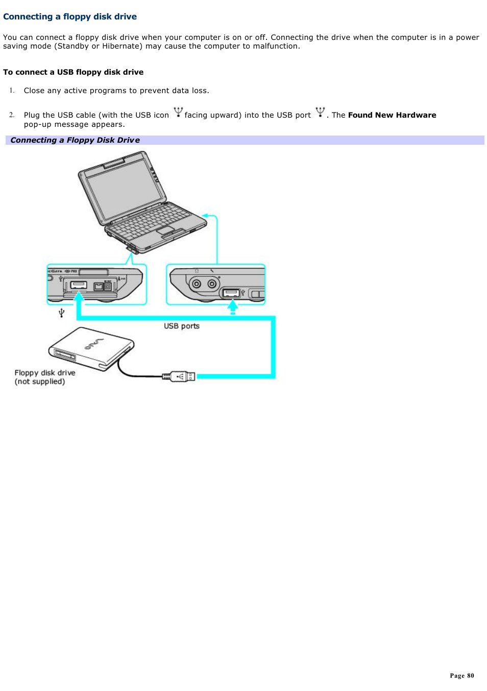Connecting a floppy disk drive | Sony PCG-TR1A User Manual | Page 80 / 196