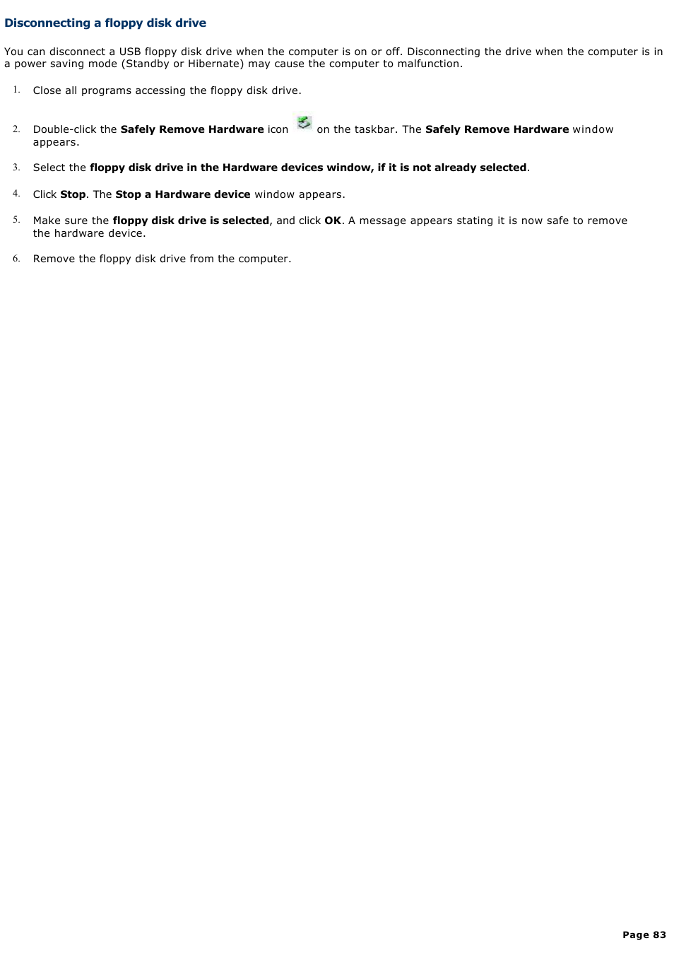 Disconnecting a floppy disk drive | Sony PCG-TR1A User Manual | Page 83 / 196