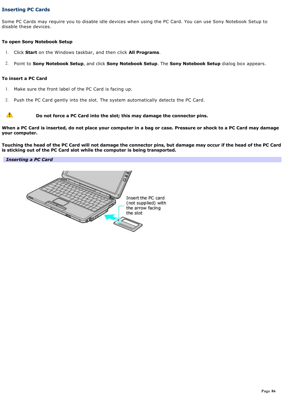 Inserting pc cards | Sony PCG-TR1A User Manual | Page 86 / 196