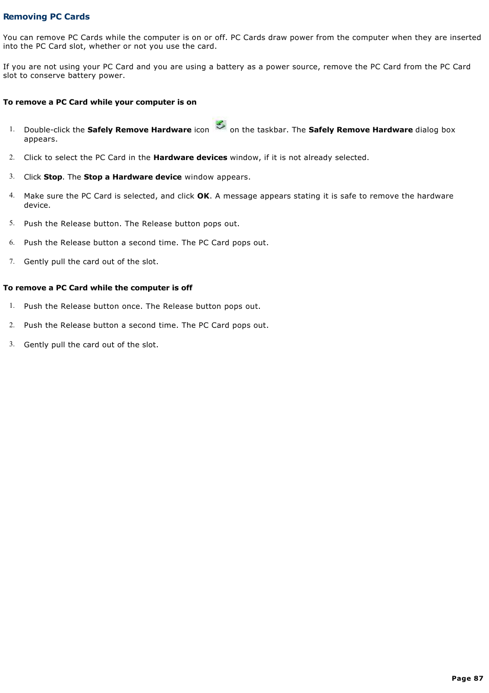 Removing pc cards | Sony PCG-TR1A User Manual | Page 87 / 196