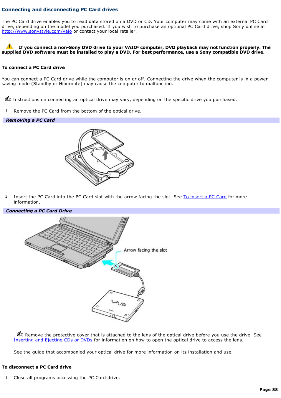 Connecting and disconnecting pc card drives | Sony PCG-TR1A User Manual | Page 88 / 196