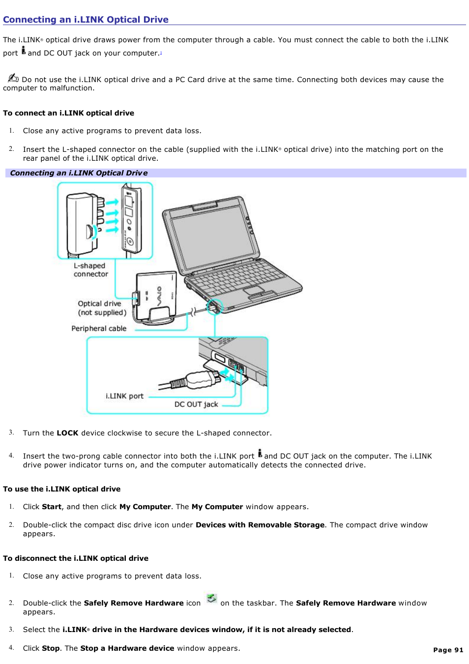 Connecting an i.link optical drive | Sony PCG-TR1A User Manual | Page 91 / 196