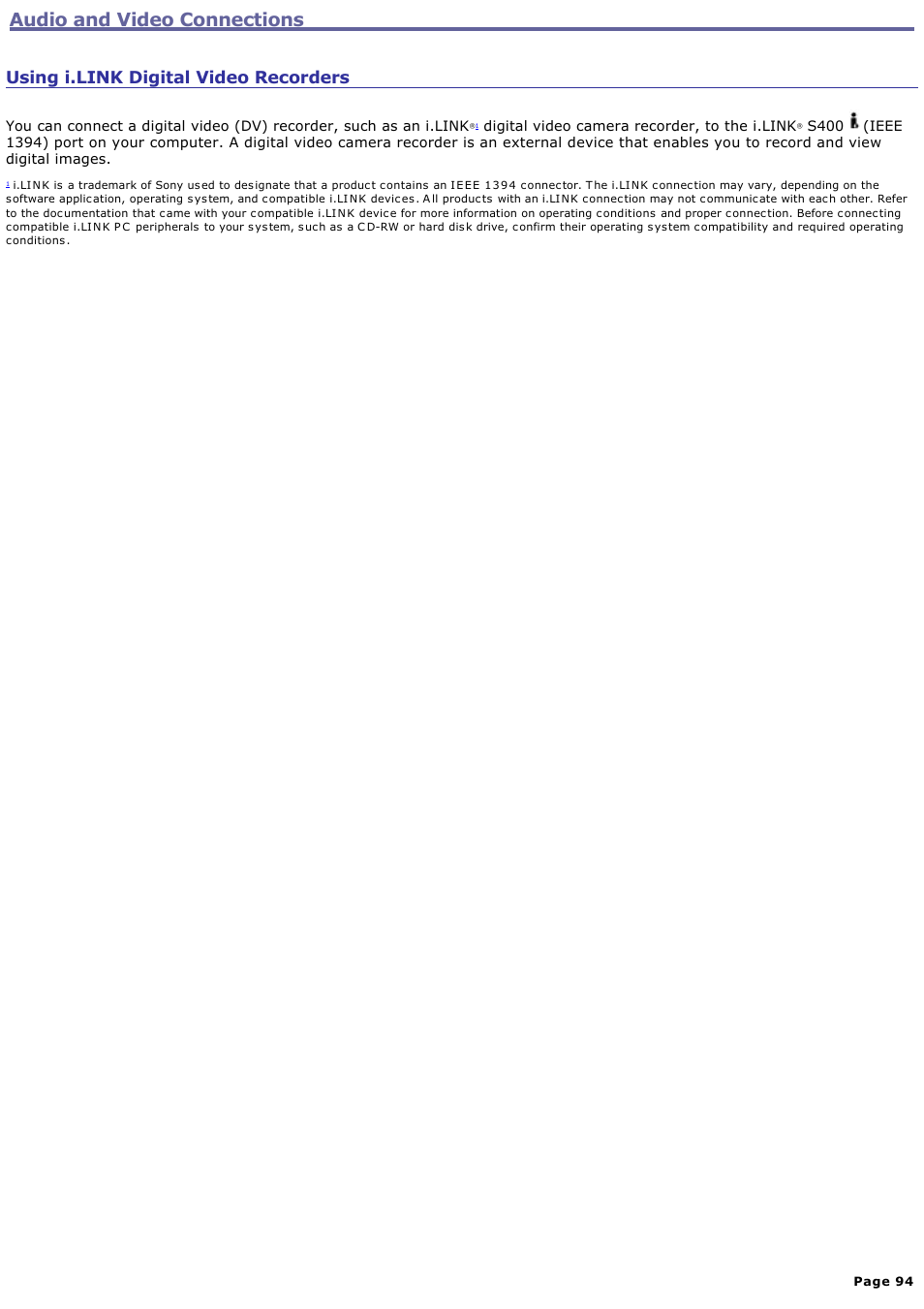 Using i.link digital video recorders, Audio and video connections | Sony PCG-TR1A User Manual | Page 94 / 196