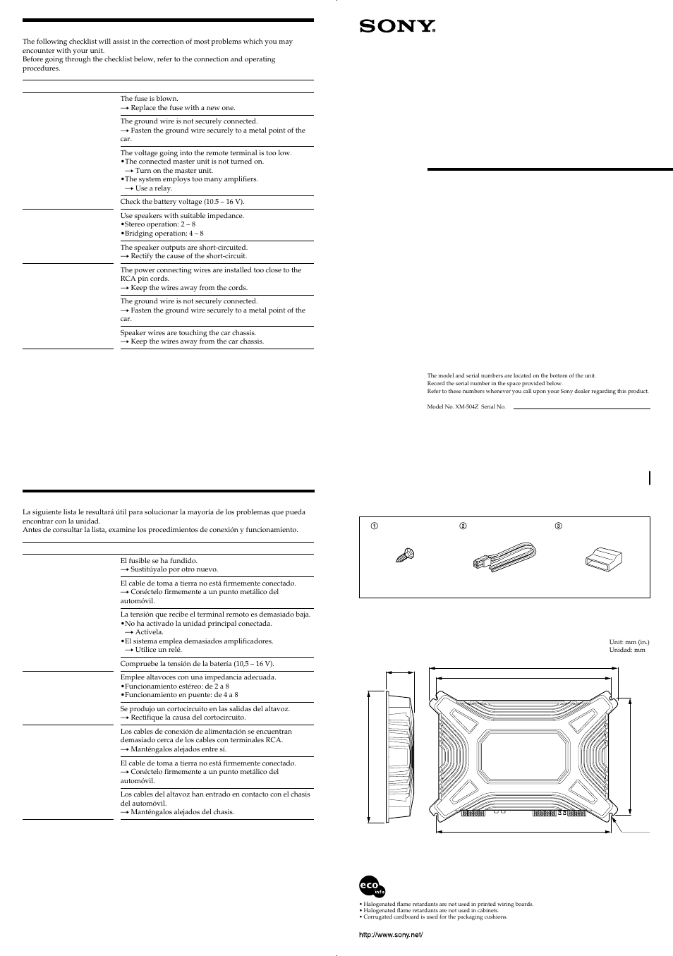 Stereo power amplifier, Xm-504z, Troubleshooting guide | Guía de solución de problemas, Operating instructions manual de instrucciones, Owner’s record, Dimensions dimensiones | Sony XM-504Z User Manual | Page 2 / 4