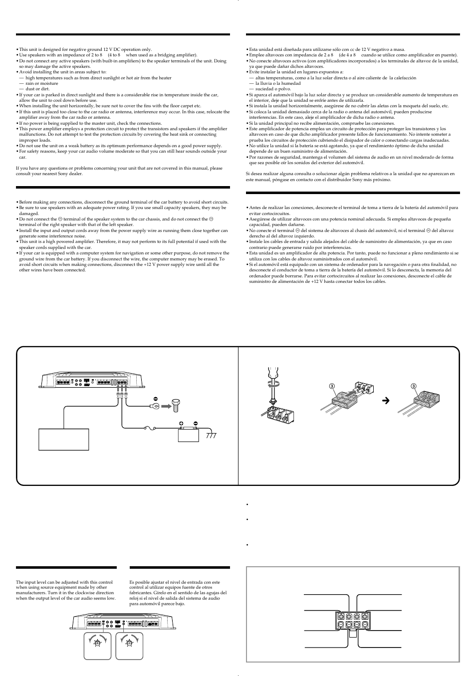 Connections, Conexiones, Precautions | Caution, Precauciones, Precaución, Level adjustment control, Control de ajuste de nivel | Sony XM-504Z User Manual | Page 3 / 4