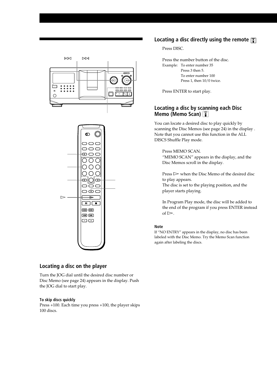 Locating a specific disc, Playing cds locating a disc on the player, Locating a disc directly using the remote 1 | Sony CDP-CX335 User Manual | Page 14 / 36
