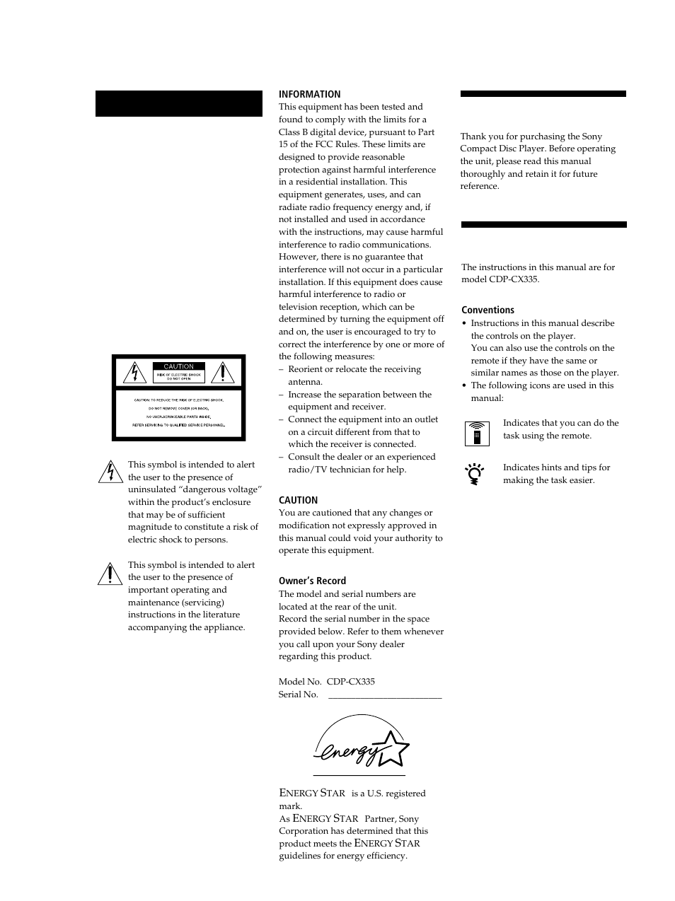Welcome, About this manual, Warning | Sony CDP-CX335 User Manual | Page 2 / 36