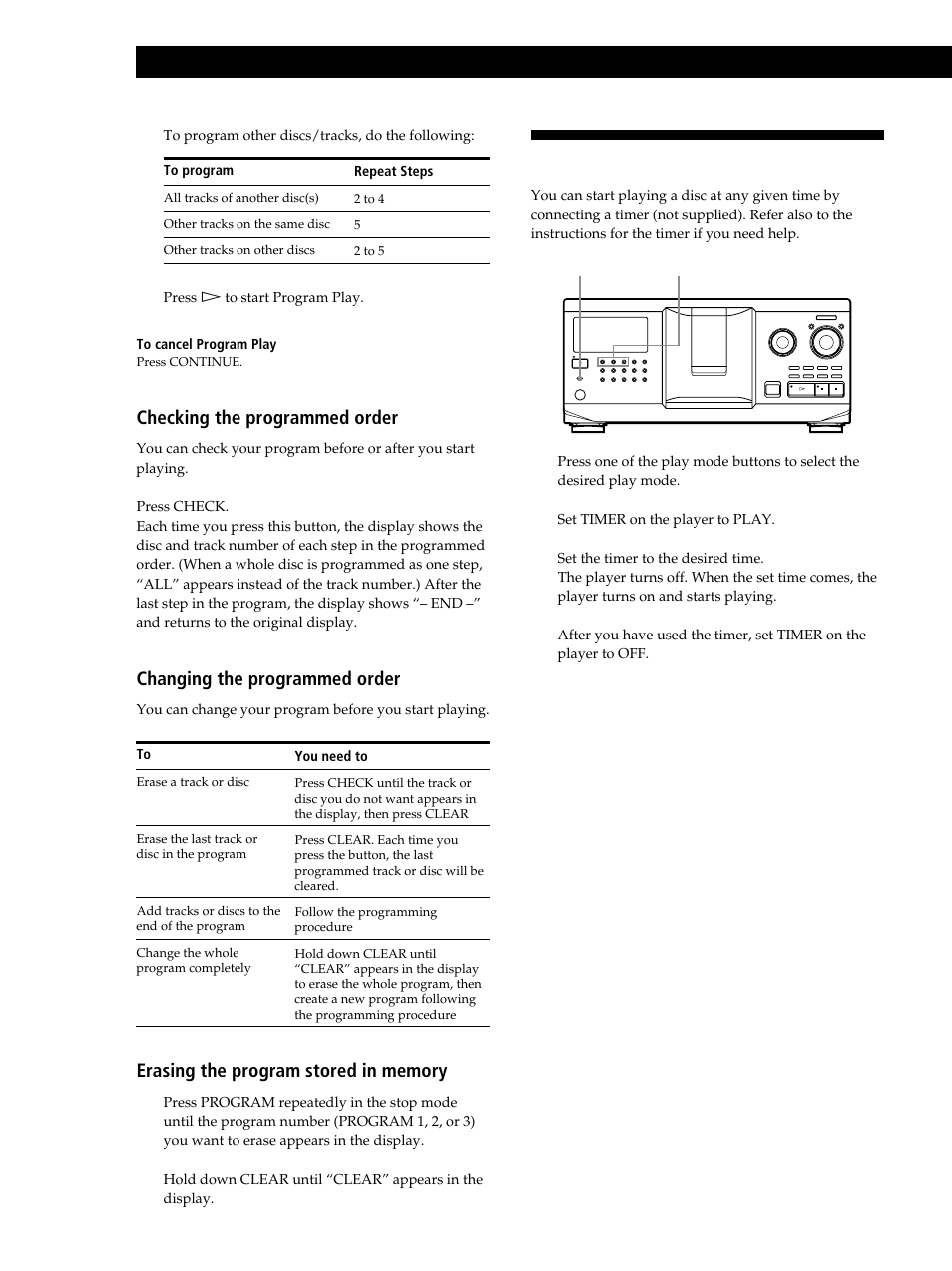 Playing using a timer, Playing cds changing the programmed order, Checking the programmed order | Sony CDP-CX335 User Manual | Page 20 / 36