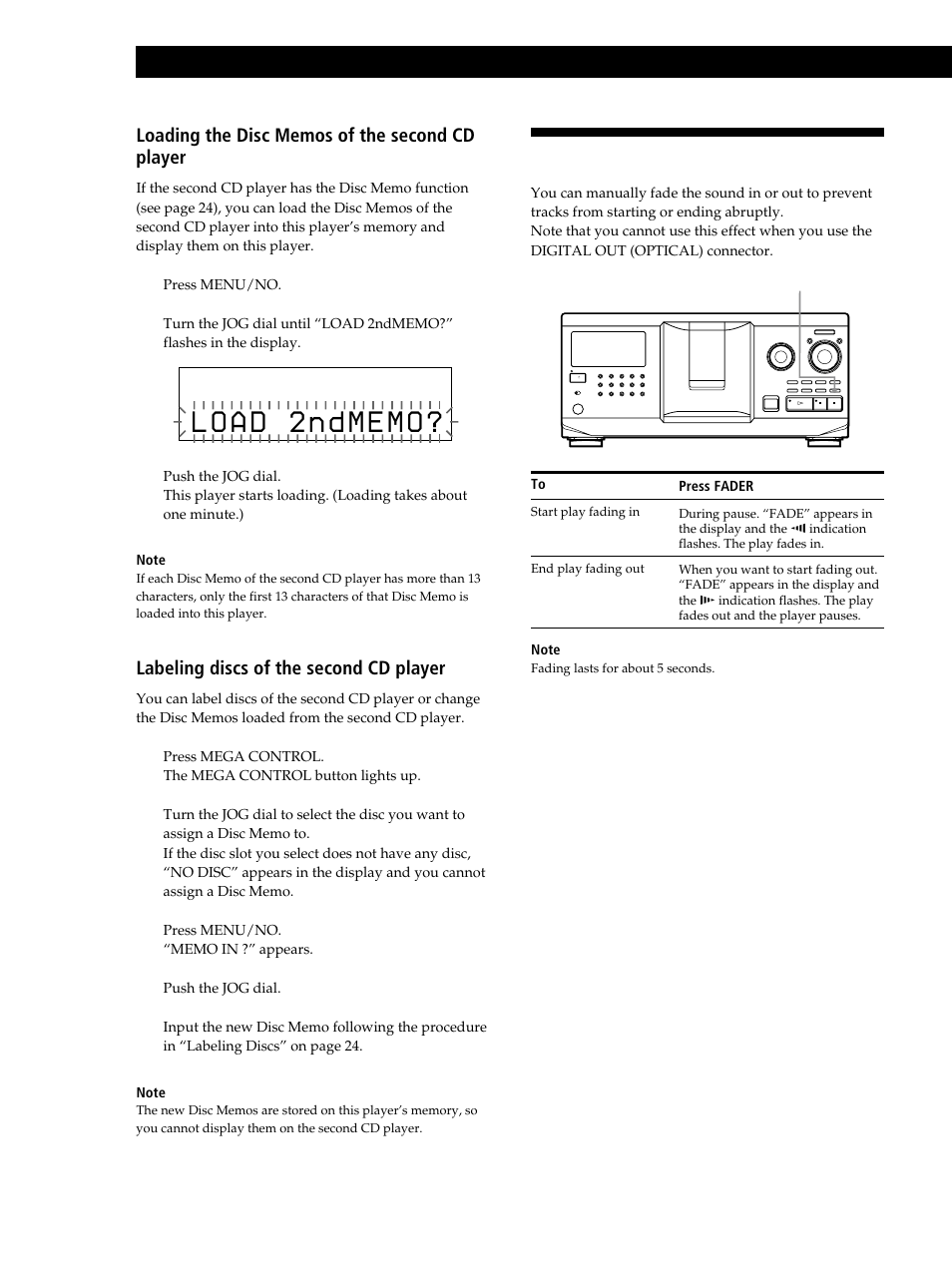 Fading in or out, Playing cds, Labeling discs of the second cd player | Sony CDP-CX335 User Manual | Page 22 / 36