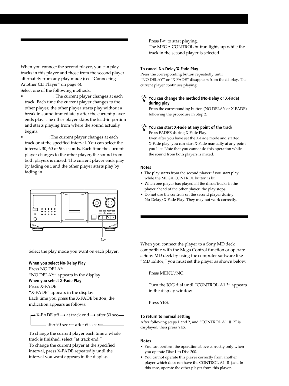 Playing alternately (no-delay play/x-fade play), Controlling the player by another unit, Playing cds getting started | Playing cds | Sony CDP-CX335 User Manual | Page 23 / 36