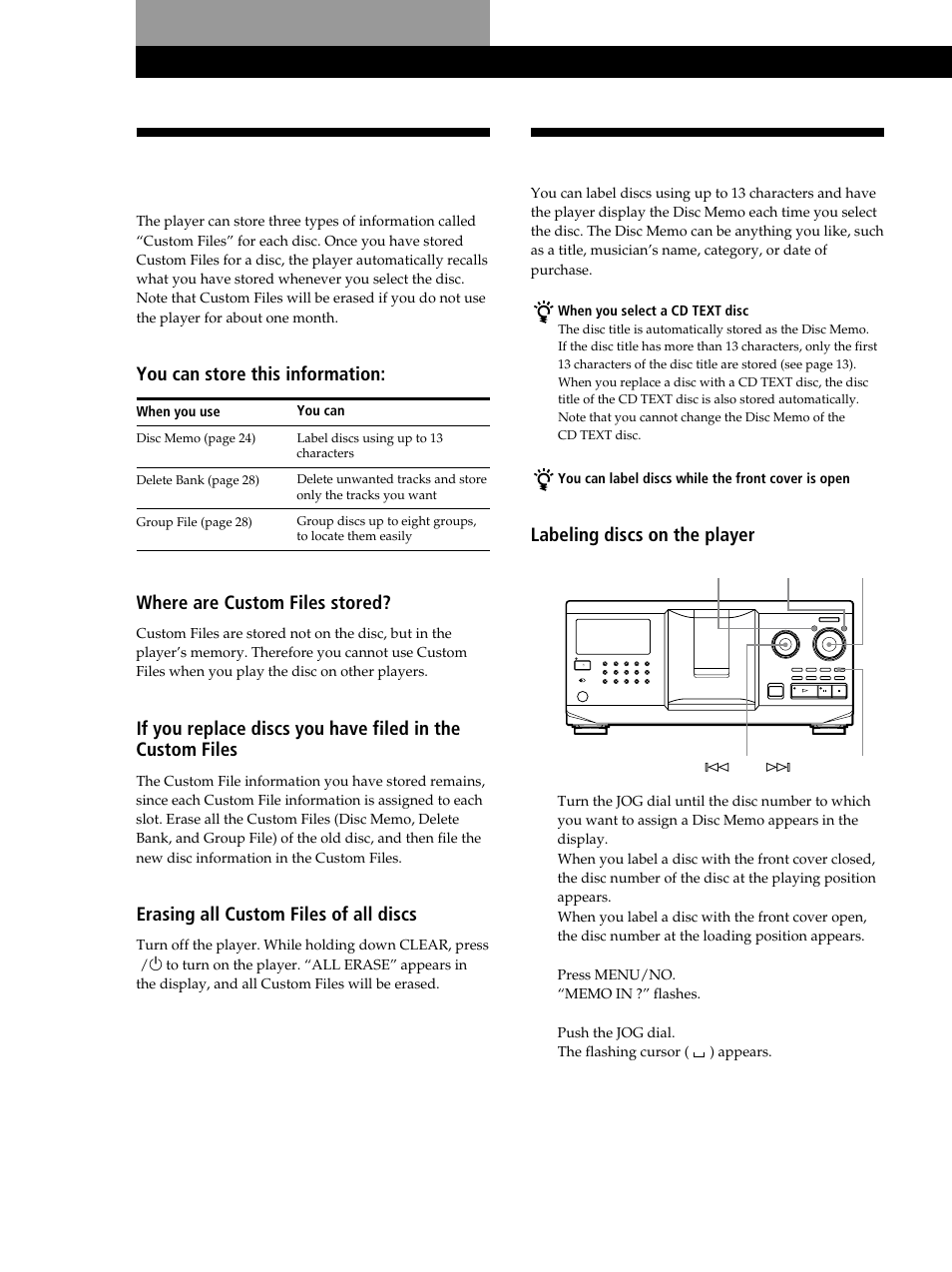 What you can do with the custom files, Storing information about cds (custom files), You can store this information | Labeling discs on the player 1, Where are custom files stored, Erasing all custom files of all discs | Sony CDP-CX335 User Manual | Page 24 / 36