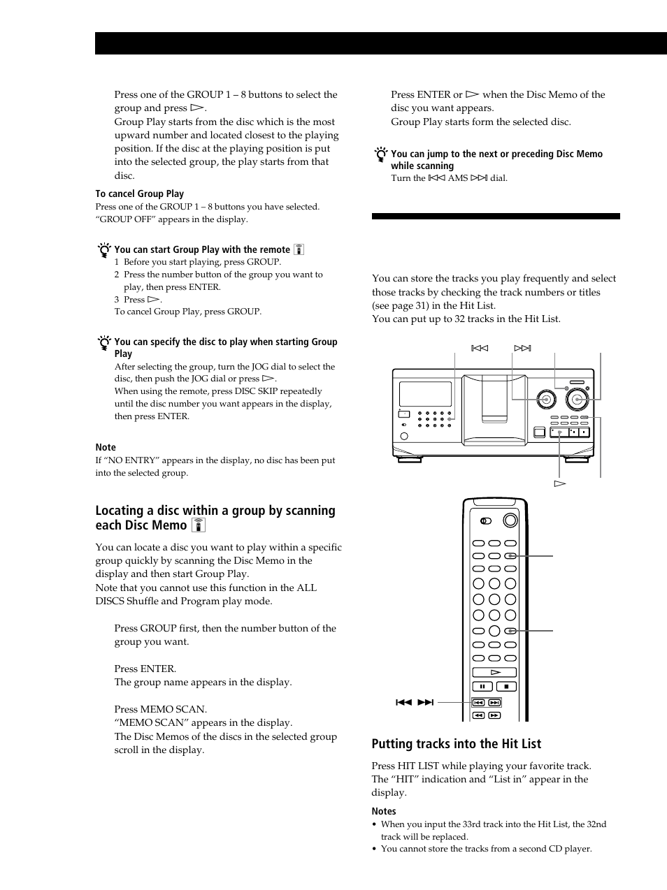 Storing your favorite tracks (hit list), Storing information about cds (custom files), Putting tracks into the hit list | Sony CDP-CX335 User Manual | Page 30 / 36