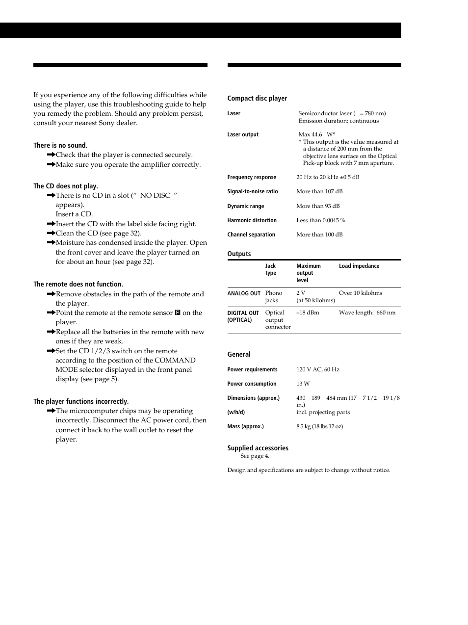 Specifications, Troubleshooting, Additional information | Sony CDP-CX335 User Manual | Page 33 / 36