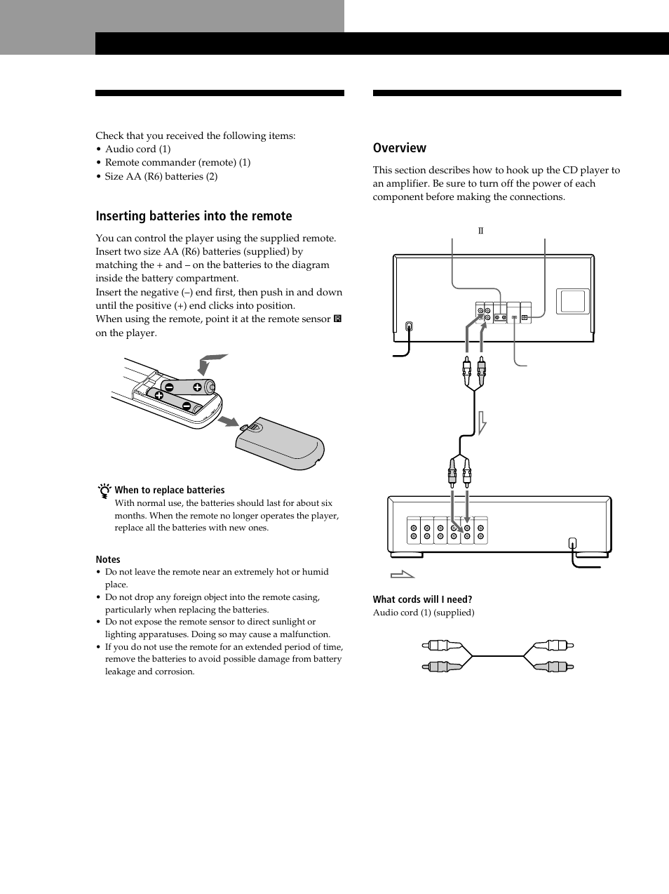 Hooking up the system, Unpacking, Getting started | Overview, Inserting batteries into the remote | Sony CDP-CX335 User Manual | Page 4 / 36
