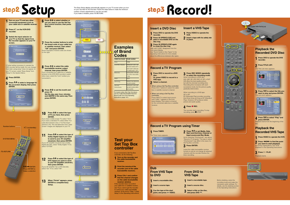 Enter, System menu, Test your set top box controller | Examples of brand codes, Dub from vhs tape to dvd, Playback the recorded dvd disc, Playback the recorded vhs tape, Insert a dvd disc, Insert a vhs tape, Record a tv program | Sony RDR-VX555 User Manual | Page 2 / 2