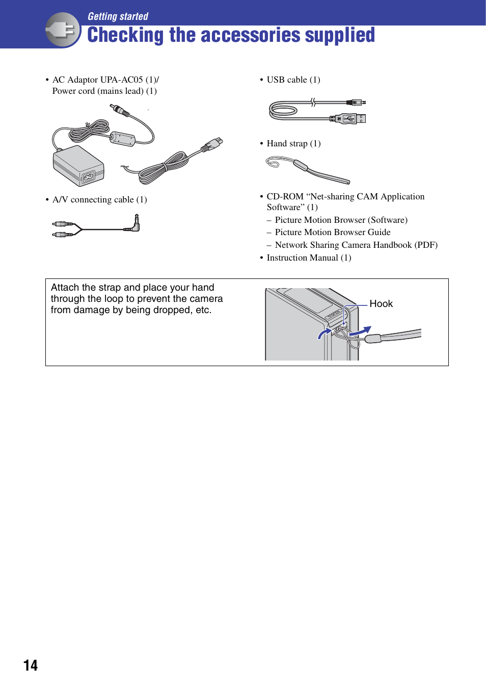 Checking the accessories supplied, Getting started, P (14) | Sony NSC-GC1 User Manual | Page 14 / 83