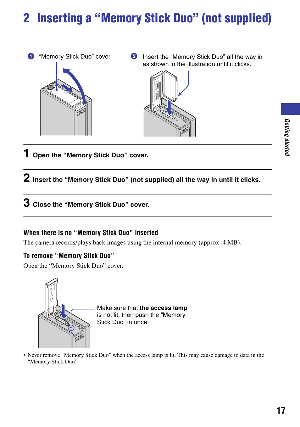 2 inserting a “memory stick duo” (not supplied), R (17), Mp (17) | Sony NSC-GC1 User Manual | Page 17 / 83