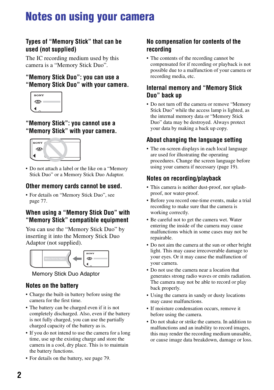 Notes on using your camera | Sony NSC-GC1 User Manual | Page 2 / 83