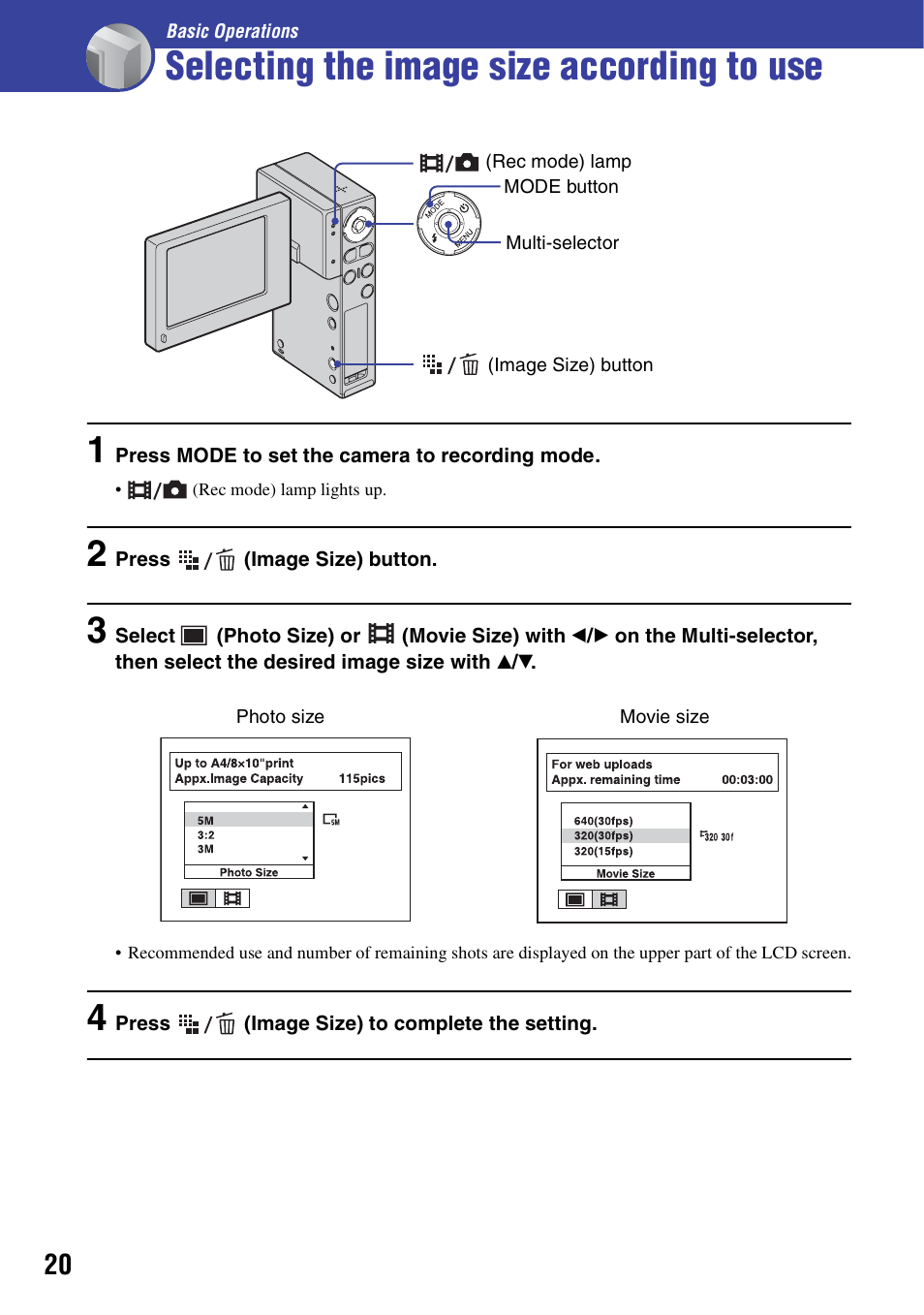 Selecting the image size according to use, Basic operations | Sony NSC-GC1 User Manual | Page 20 / 83