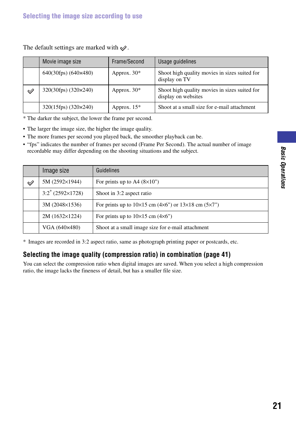 Selecting the image size according to use | Sony NSC-GC1 User Manual | Page 21 / 83