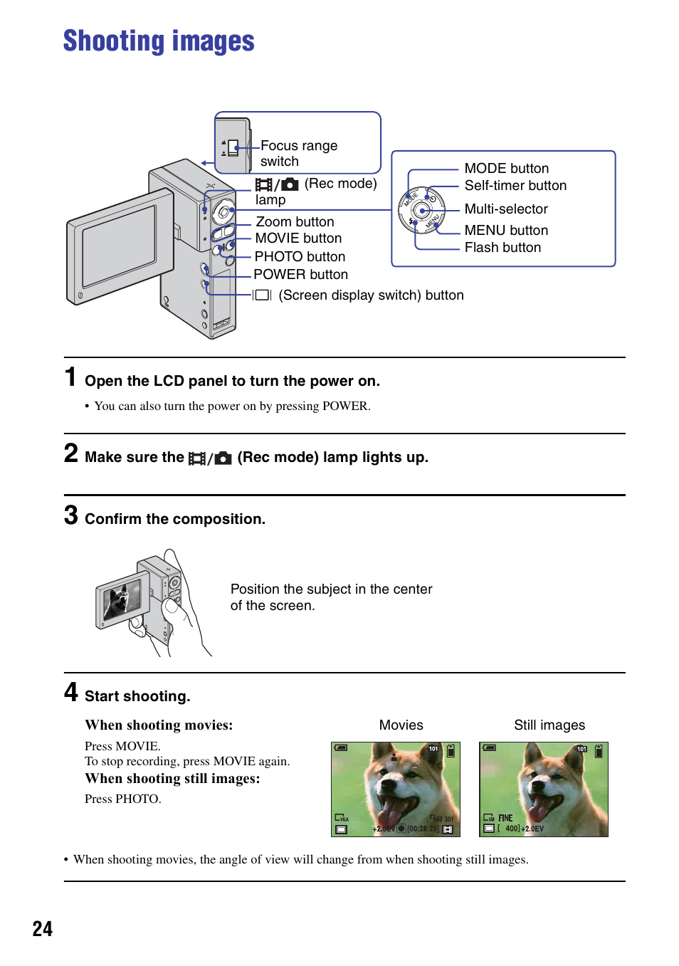 Shooting images | Sony NSC-GC1 User Manual | Page 24 / 83