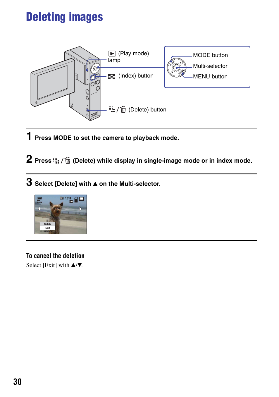 Deleting images | Sony NSC-GC1 User Manual | Page 30 / 83