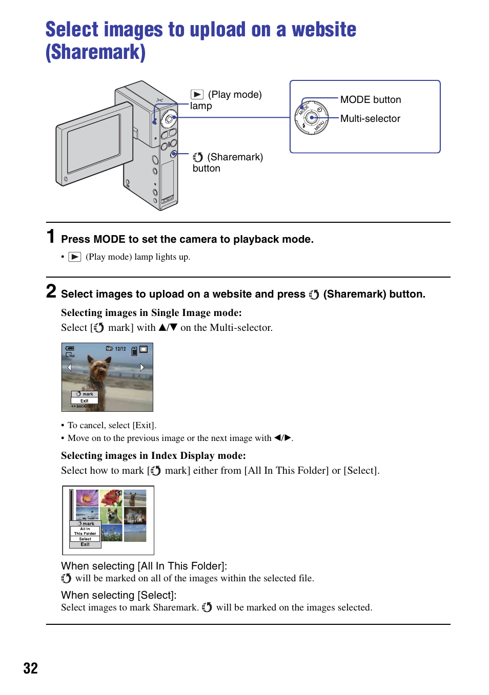 Select images to upload on a website (sharemark), K (32) | Sony NSC-GC1 User Manual | Page 32 / 83