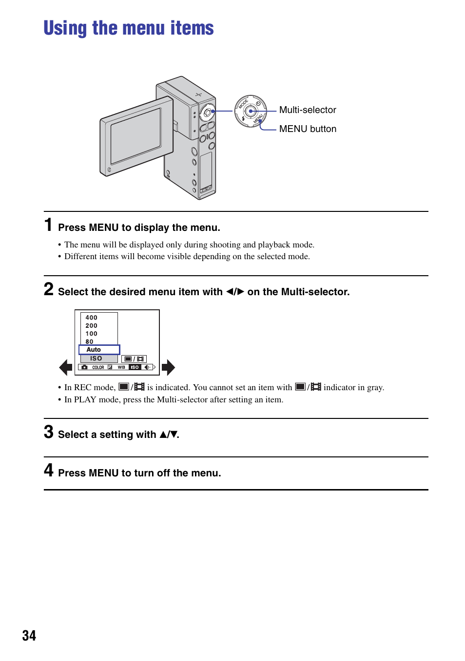 Using the menu items, On (34) | Sony NSC-GC1 User Manual | Page 34 / 83