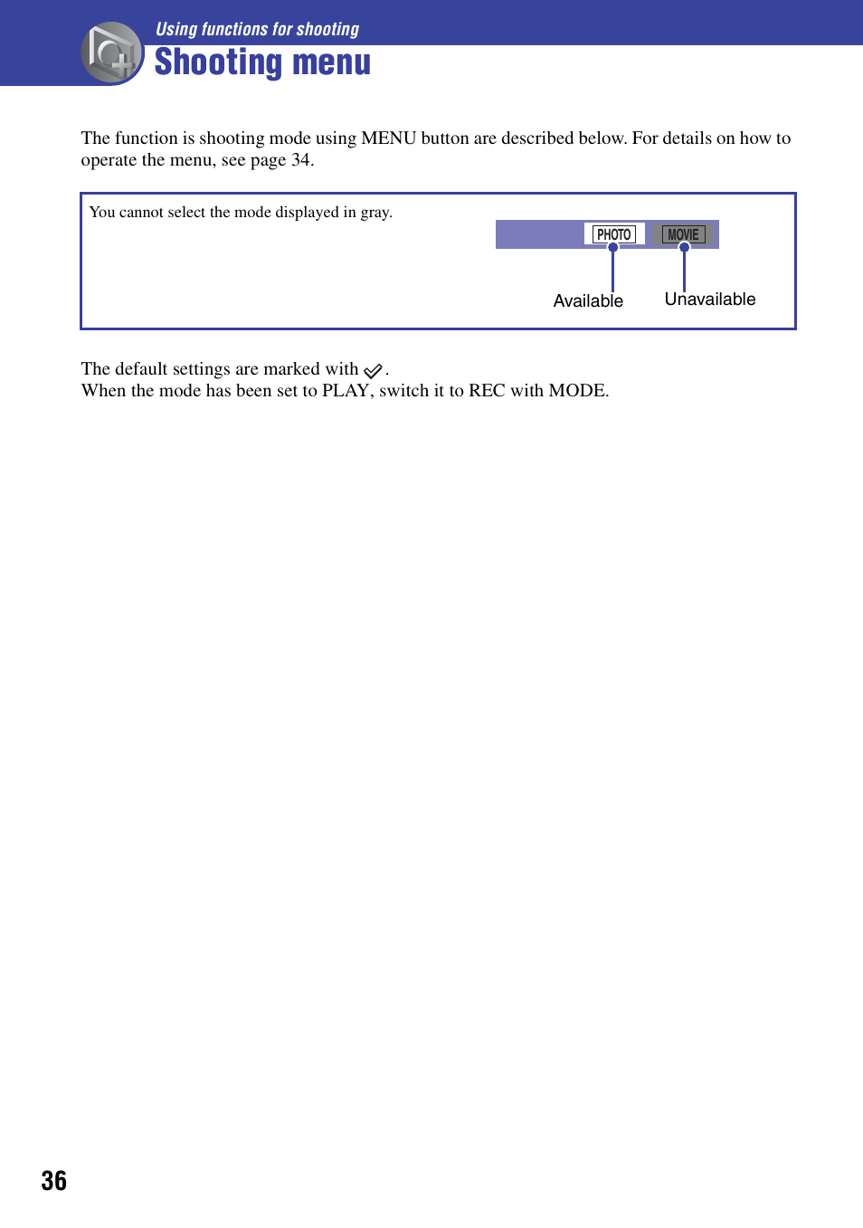 Shooting menu, Using functions for shooting | Sony NSC-GC1 User Manual | Page 36 / 83