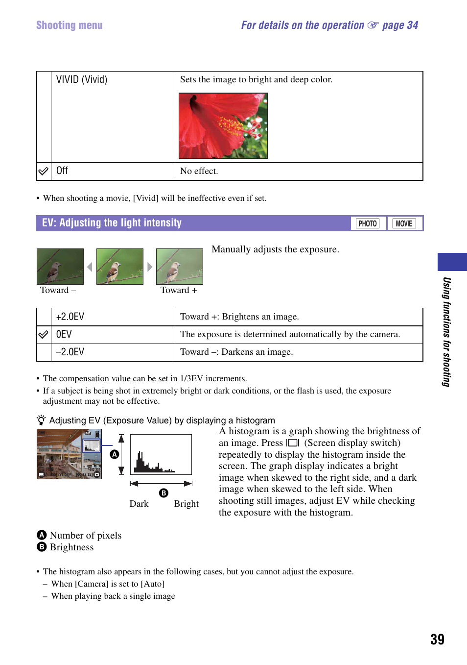 Ev: adjusting the light intensity | Sony NSC-GC1 User Manual | Page 39 / 83
