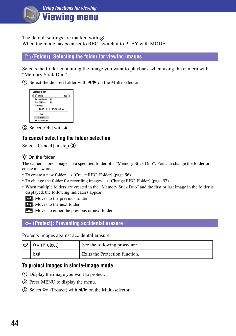 Viewing menu, Folder): selecting the folder for viewing images, Protect): preventing accidental erasure | Using functions for viewing | Sony NSC-GC1 User Manual | Page 44 / 83