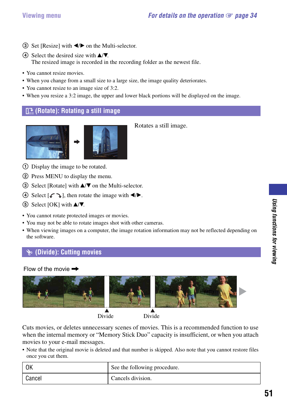 Rotate): rotating a still image, Divide): cutting movies | Sony NSC-GC1 User Manual | Page 51 / 83