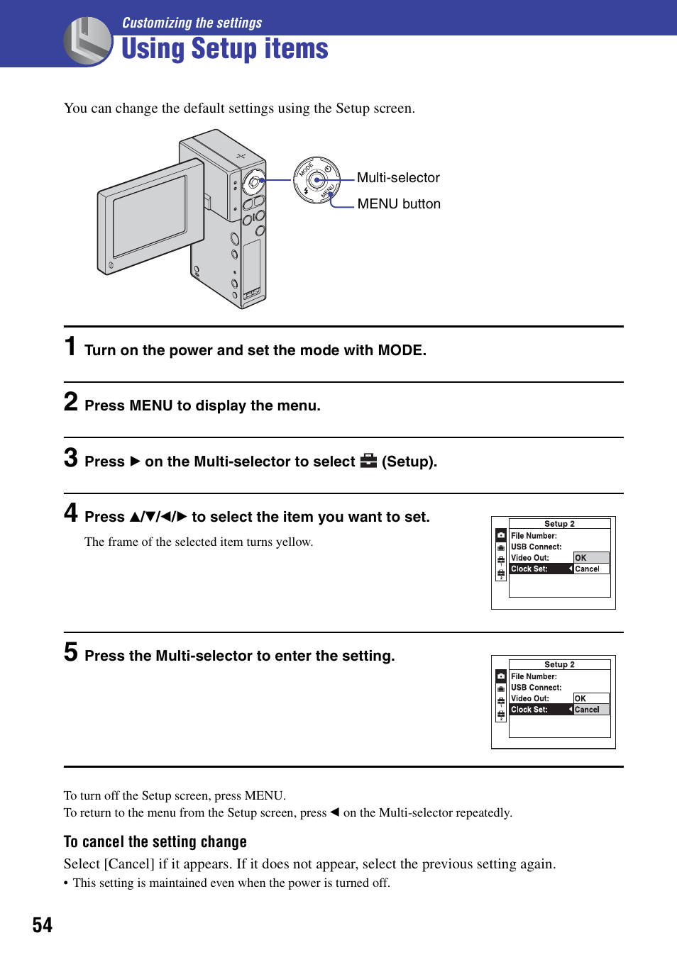 Using setup items, Customizing the settings | Sony NSC-GC1 User Manual | Page 54 / 83