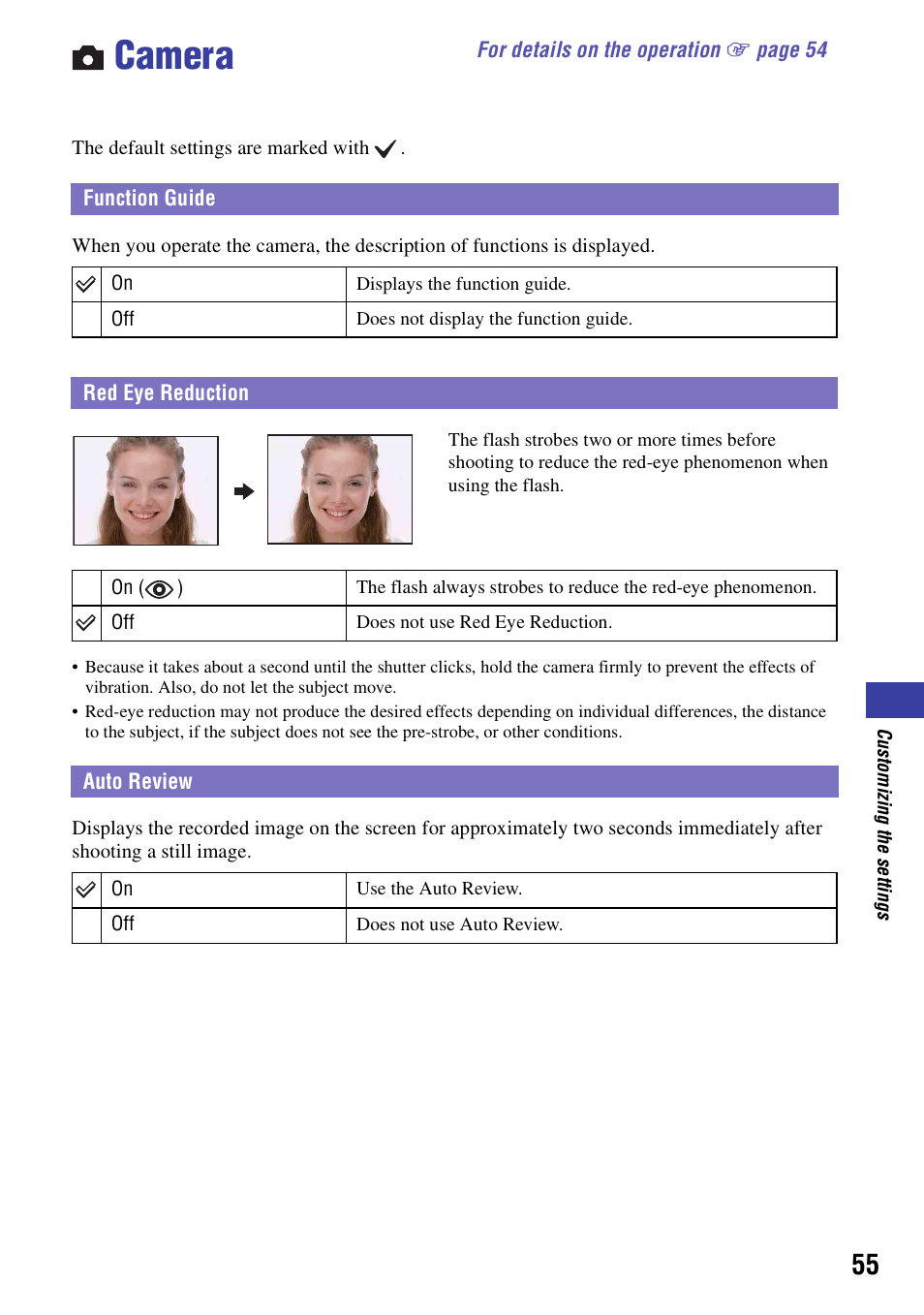 Camera, Function guide, Red eye reduction | Auto review, Function guide red eye reduction | Sony NSC-GC1 User Manual | Page 55 / 83