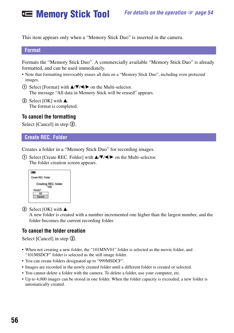Memory stick tool, Format, Create rec. folder | Format create rec. folder | Sony NSC-GC1 User Manual | Page 56 / 83