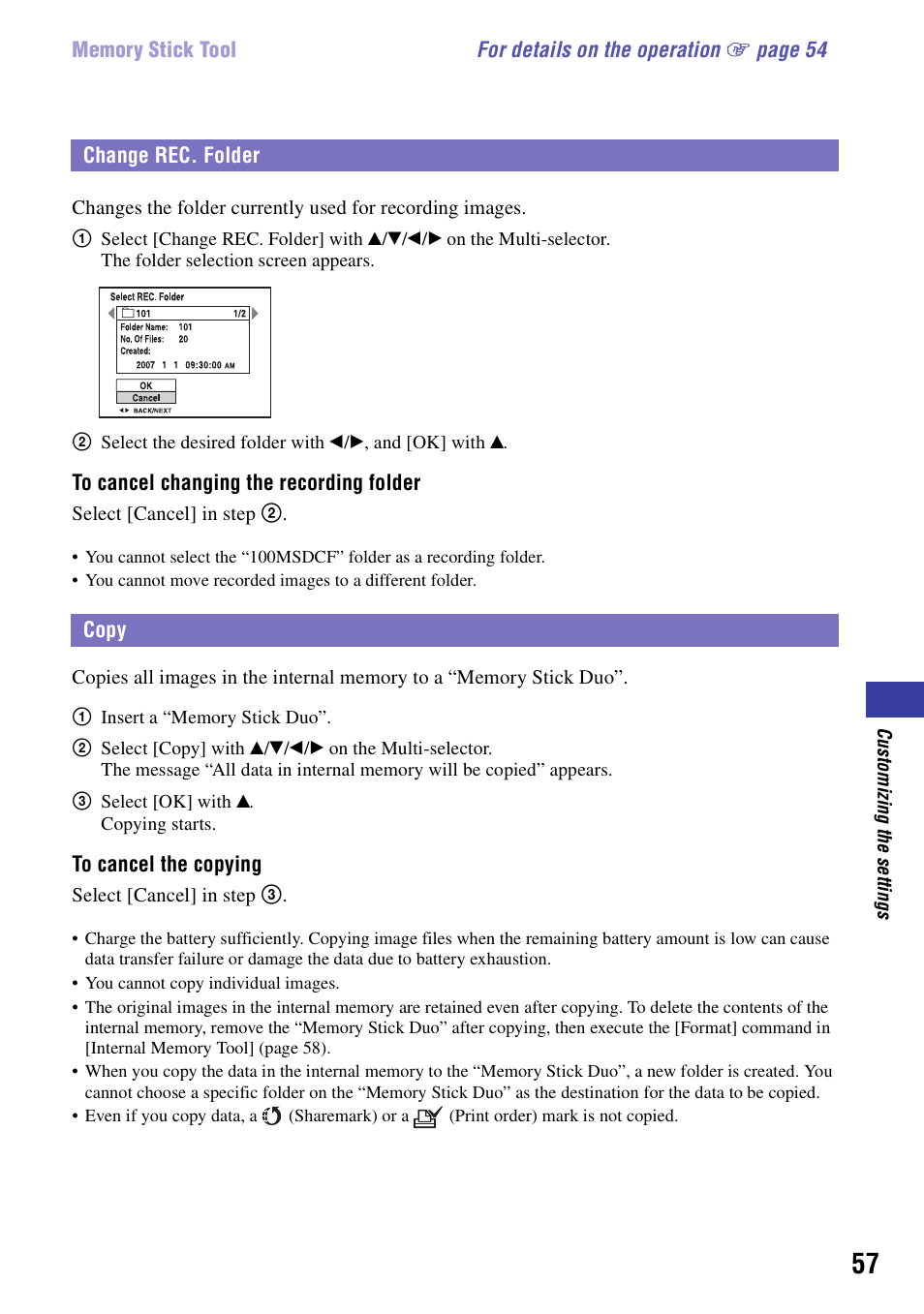 Change rec. folder, Copy, Change rec. folder copy | Sony NSC-GC1 User Manual | Page 57 / 83