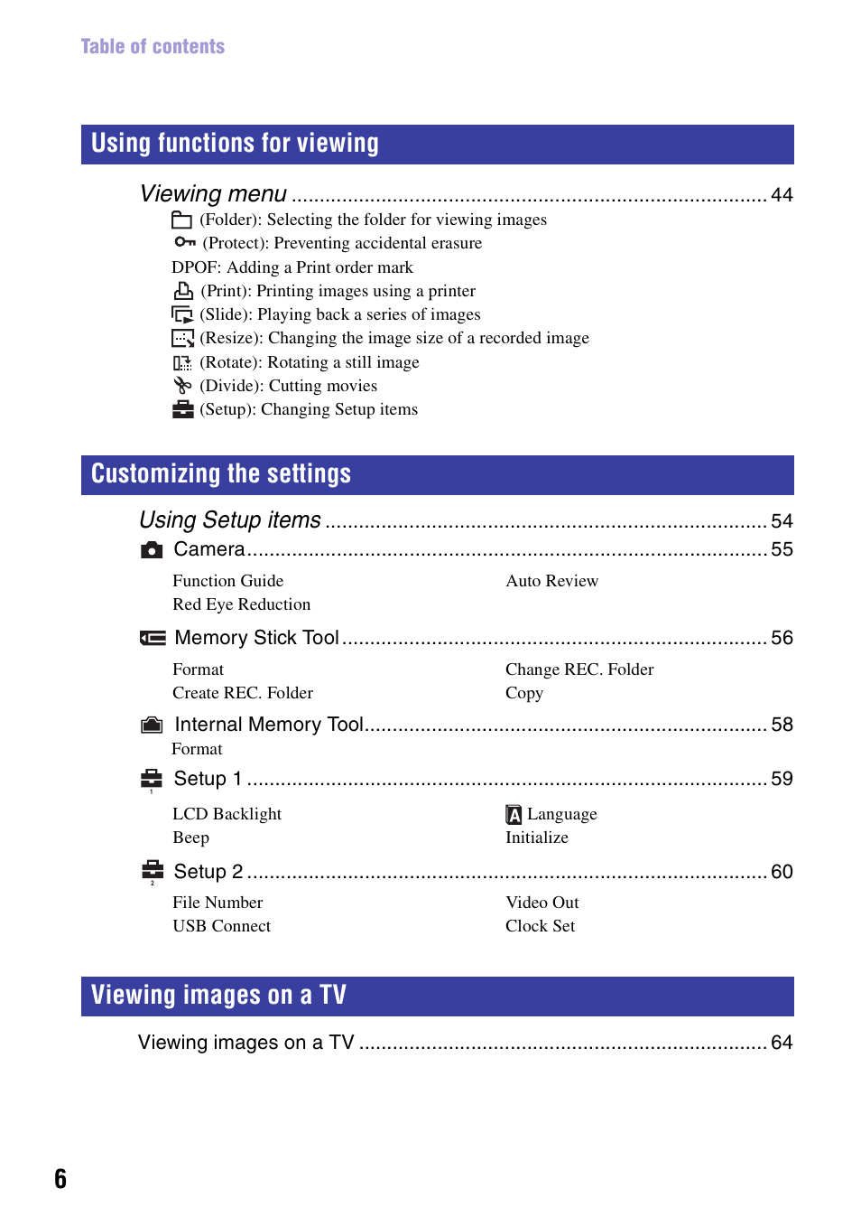 Viewing menu, Using setup items | Sony NSC-GC1 User Manual | Page 6 / 83