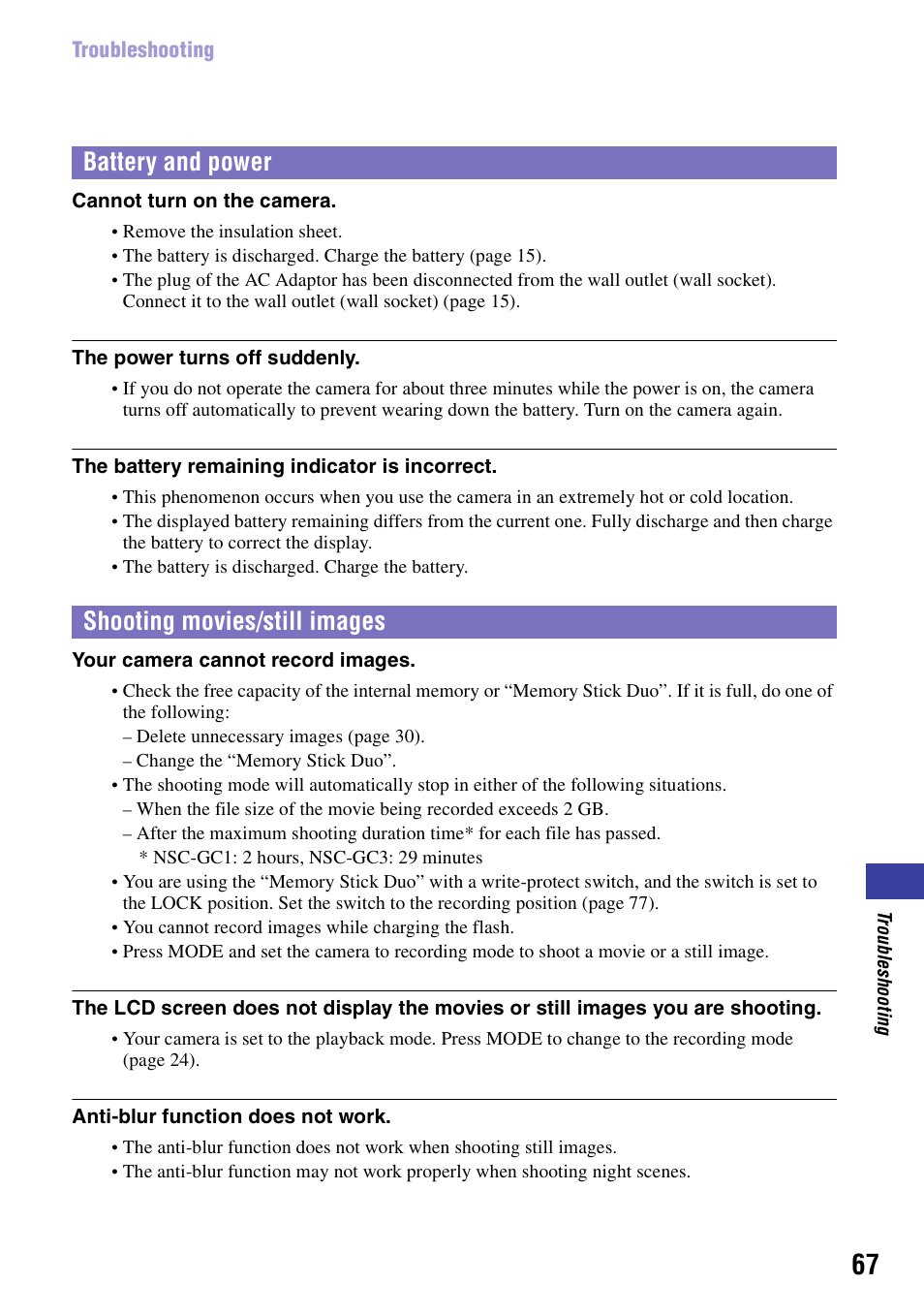 S 67 t, Battery and power, Shooting movies/still images | Battery and power shooting movies/still images | Sony NSC-GC1 User Manual | Page 67 / 83